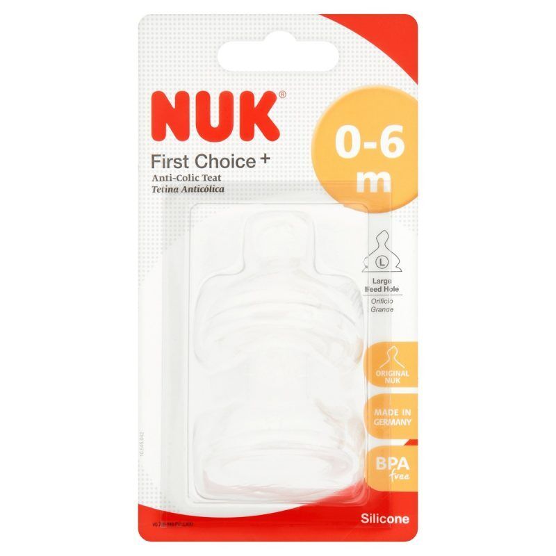 NUK First Choice+ Baby Bottle Teat 0-6 Months Silicone Medium Hole Anti-Colic