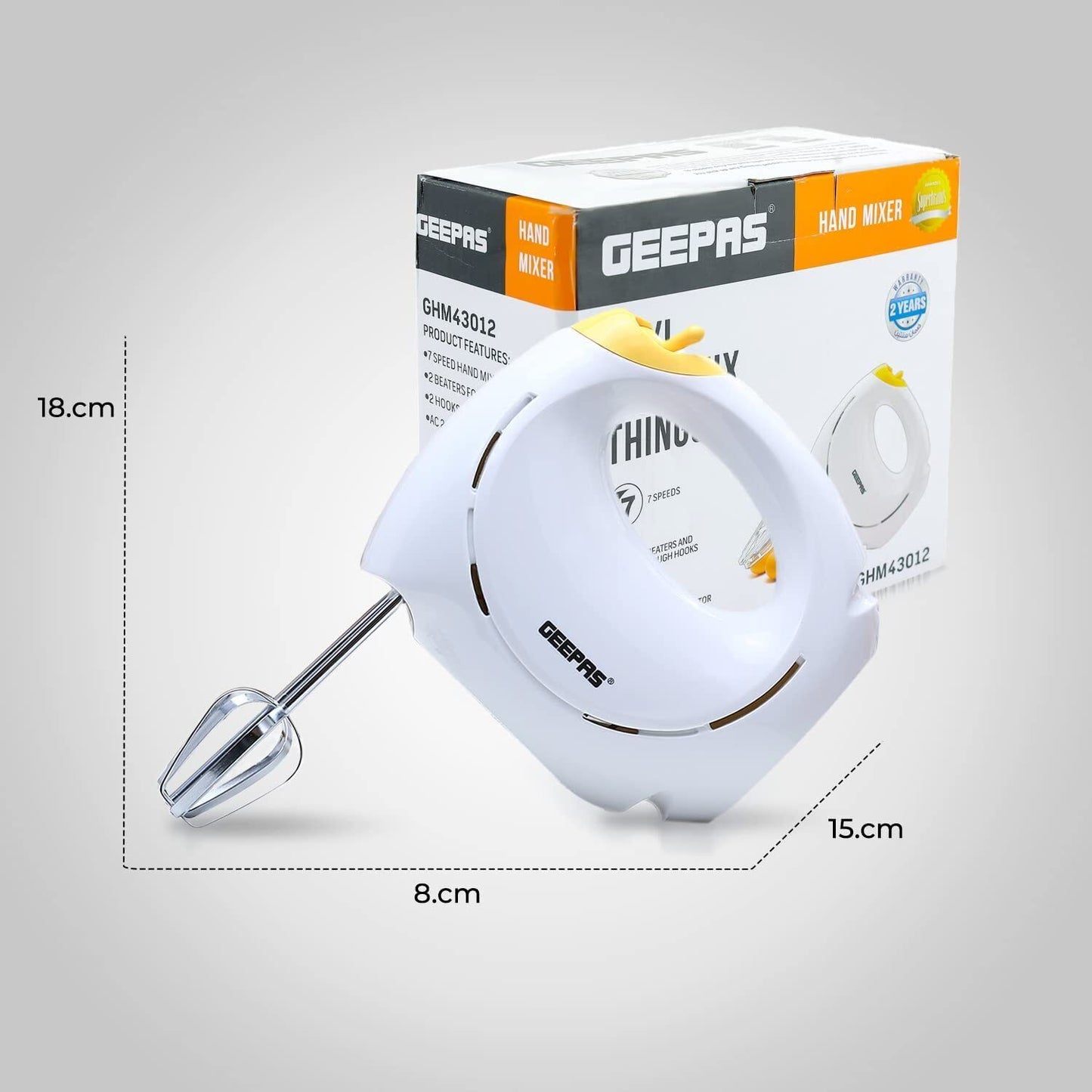 Geepas Electric Kitchen Hand Mixer Food Whisk 7 Speeds & Turbo Dough Hooks 150W