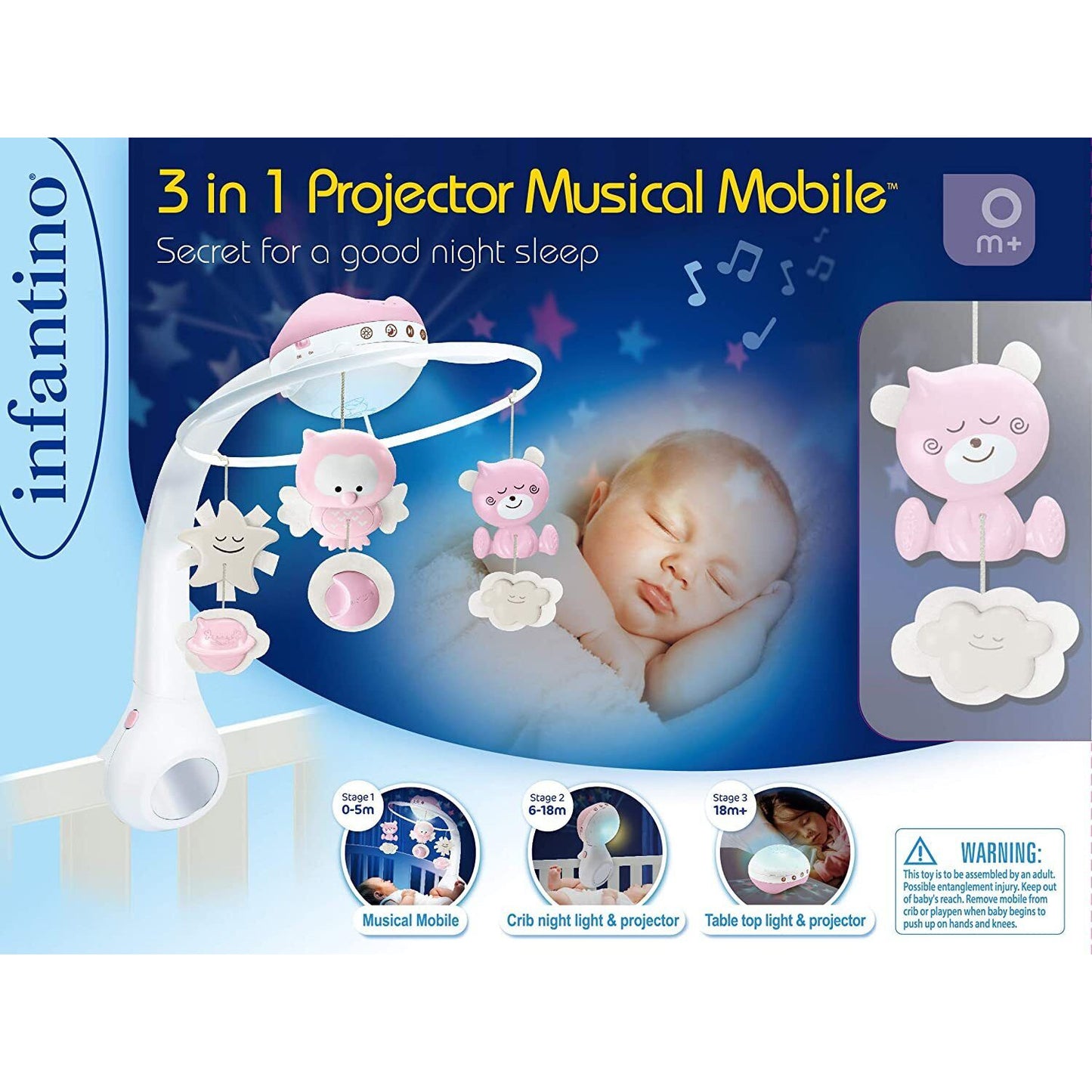 Infantino 3 in 1 Projector Musical Mobile Cot Projector Table Night Light Pink