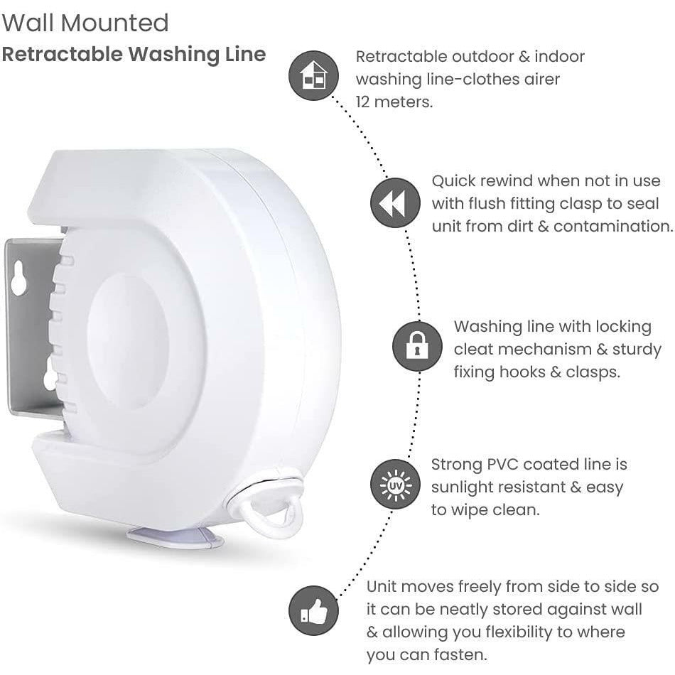 Retractable Clothes Reel Washing Line Wall Mounted Outdoor Drying 12m