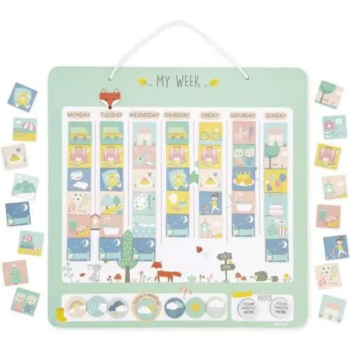 Janod Wooden Educational Planner Toy 45 x 45 cm-88 Magnets Learning English 3y+ Deal For Any Occasion
