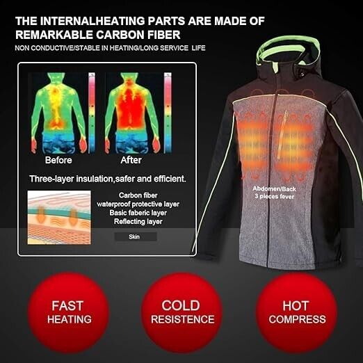 Men's Heated Body Warmer Jackets Electric Windproof & Waterproof w/10000 mah XXL