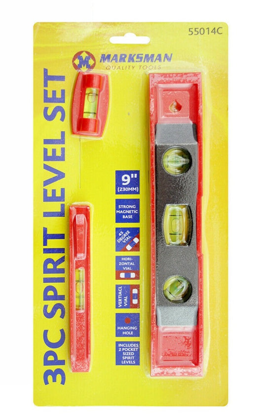 Spirit Level Magnetic 9" Compact Trade Tool Builders & DIY 3pc Set