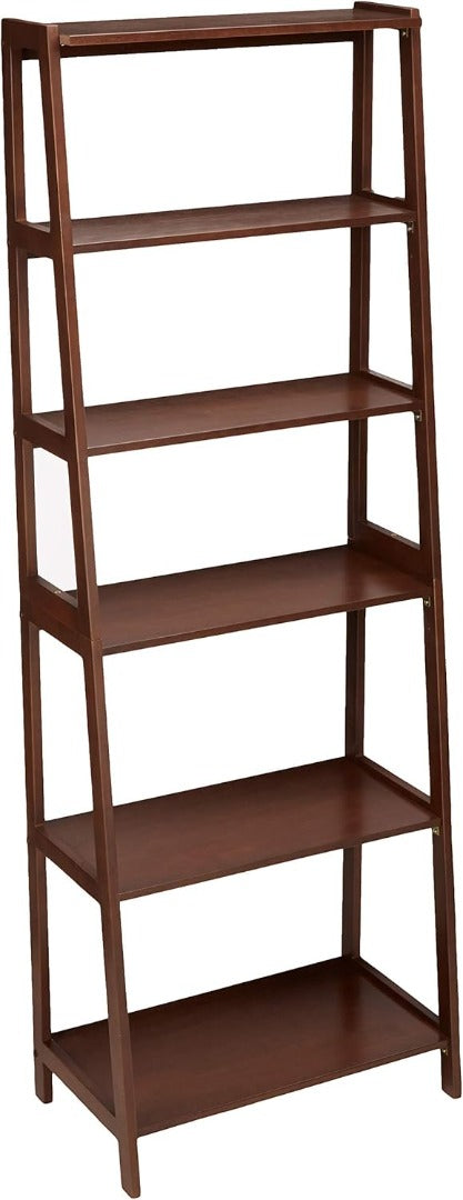 Classic 5-Tier Open Bookcase with Solid Rubber Wood Walnut 38.18 cm x 65.99 cm x 189.18 cm