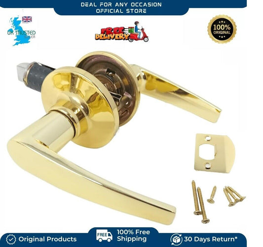 Door Handle Pair Gold Smooth Finish Brass Mortice Latch Indoors NO Lock