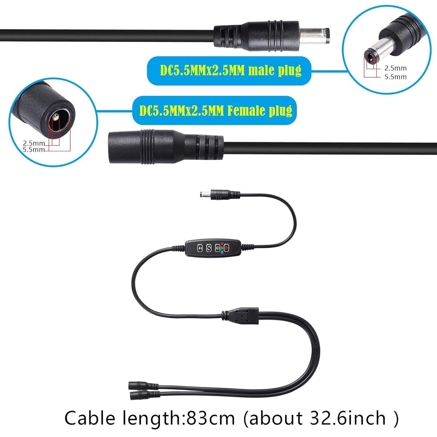 Grow Light Switch Cable Dimming DC 5.5mm x 2.5mm 1 Male to 2 Female