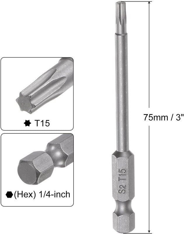 15Pcs T15 Torx Head Screwdriver Bit S2 Steel Magnetic Screw Drive Drill Bit 3''
