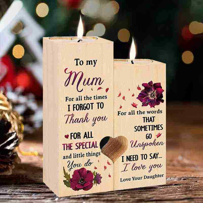 Wooden Candle Holders Mum Gift Anniversary Birthday Heart Shaped Candlestick