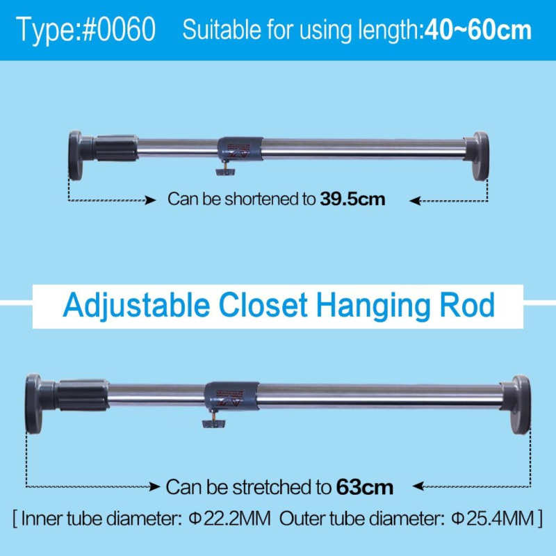 Extendable Rod Curtain Shower Clothes Wardrobe Hanging Tube Rail Grey 40-60 cm