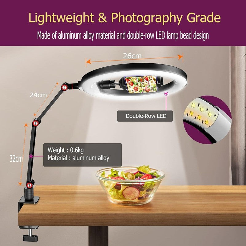 10'' Ring Light with Phone Holder Desk Stand Overhead Tripod for Makeup Video