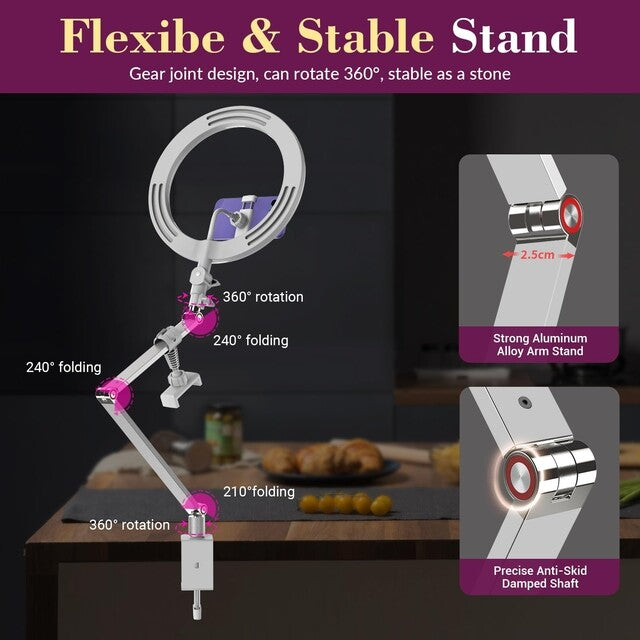 10'' Ring Light with Phone Holder Desk Stand Overhead Tripod for Makeup Video