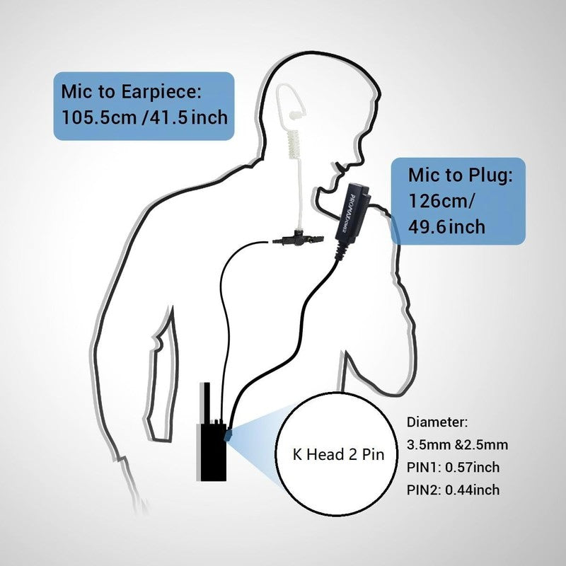 Walkie Talkie Earpiece 2 Pin PTT Mic Headset for Baofeng Kenwood UV-5R 88E