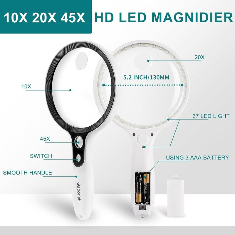 Large LED Magnifying Glass 10X 20X 45X Lighted Handheld for Reading & Coins