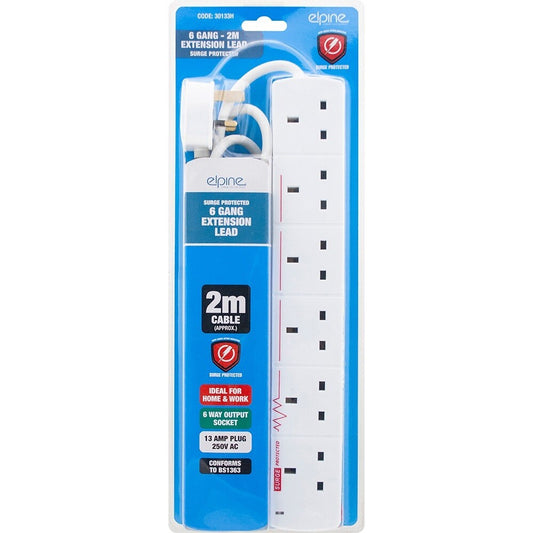 6 Gang Extension Socket Lead Cable Electric 13a Mains Power Adaptor Surge 2m