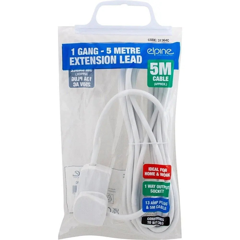 1 Gang Way Extension Socket Lead Cable Electric 13a Mains Power Adaptor Neon 5m elpine