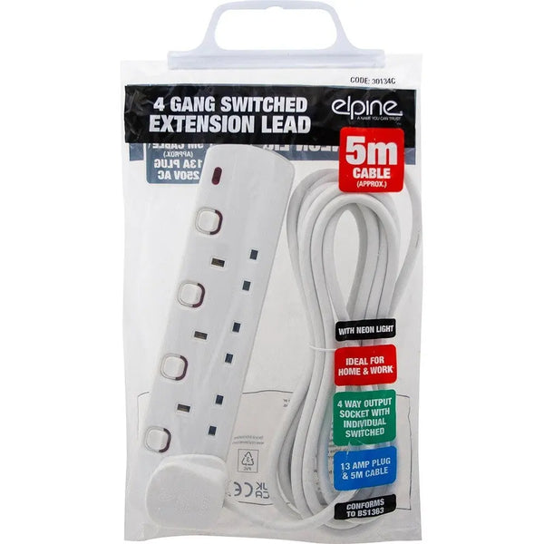 4 Gang Extension Socket Lead Cable Electric 13a Mains Power Adaptor Switch 5m Elpine