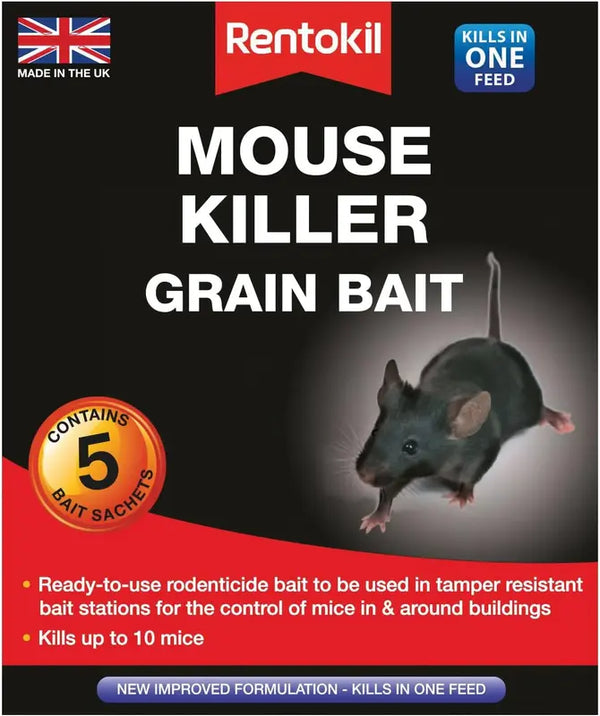 Mouse Killer Grain Bait 5x10g Sachets Strong Rodent Poison Indoor Outdoor Use Rentokil