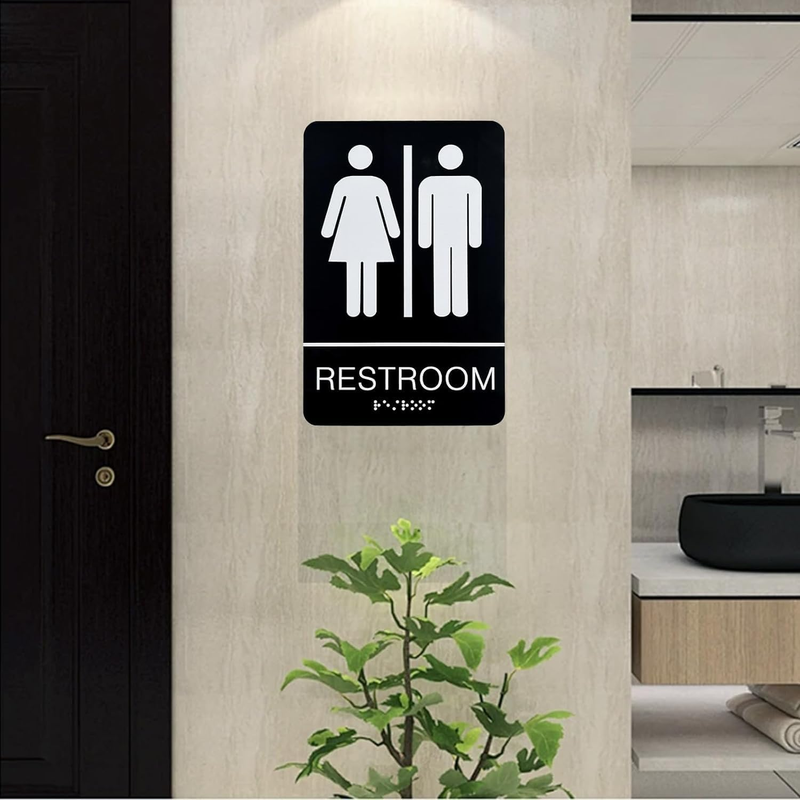Unisex Toilet Door Sign with Braille Acrylic Restroom Sign Self Adhesive 9x6