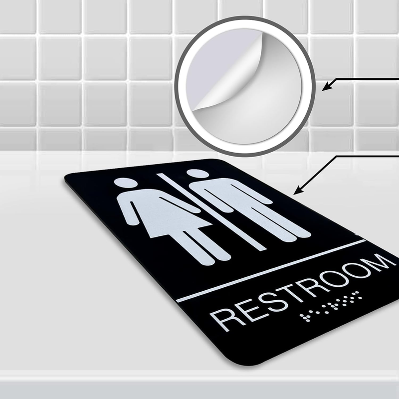 Unisex Toilet Door Sign with Braille Acrylic Restroom Sign Self Adhesive 9x6