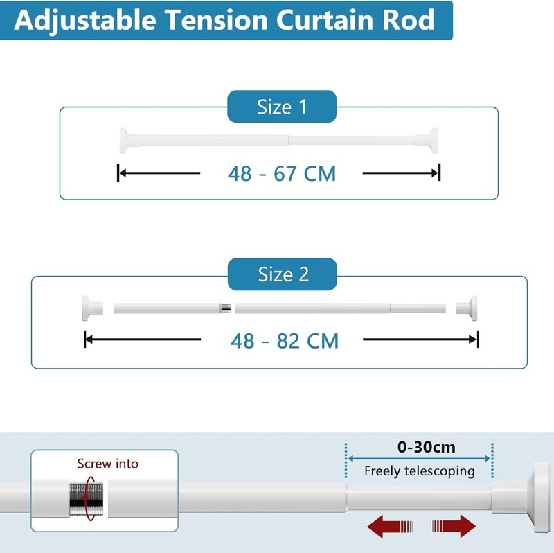 Extendable Shower Curtain Rod 48-82CM No Drill Adjustable Tension Pole White
