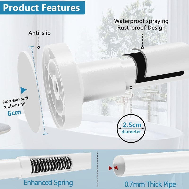 Extendable Shower Curtain Rod 48-82CM No Drill Adjustable Tension Pole White