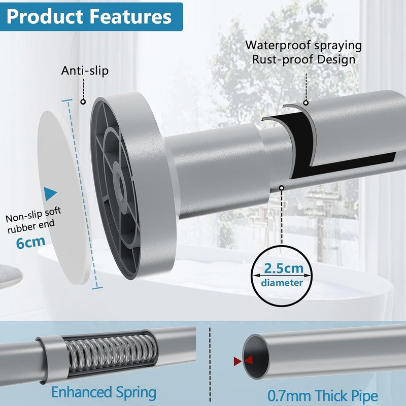 Extendable Curtain Tension Rod 48-118CM No Drill Adjustable Shower Window Gray