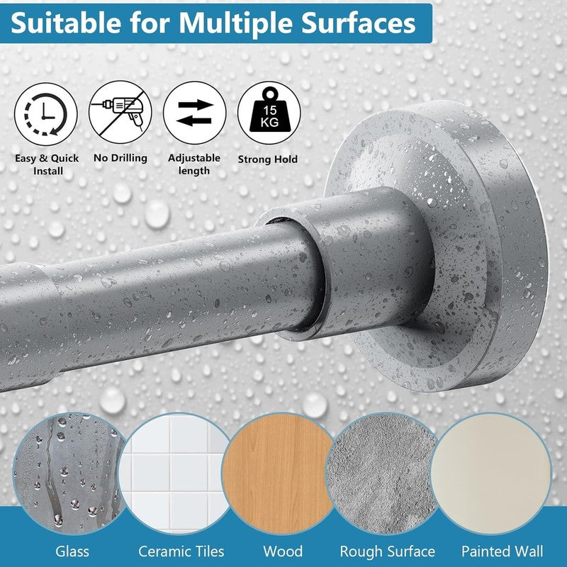 Extendable Curtain Tension Rod 48-118CM No Drill Adjustable Shower Window Gray