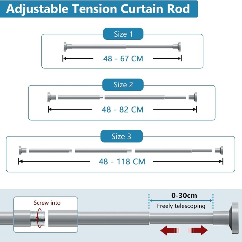 Extendable Curtain Tension Rod 48-118CM No Drill Adjustable Shower Window Gray