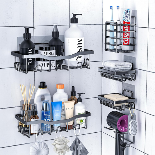 6-Pack Rustproof Shower Caddy Bathroom Shelf Set No-Drill Wall Organizer Black