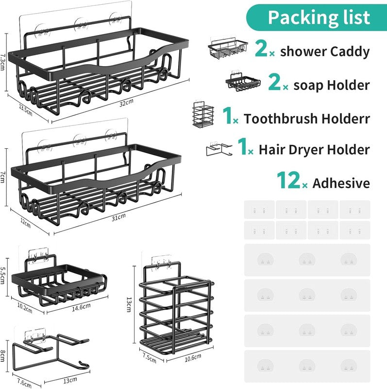 6-Pack Rustproof Shower Caddy Bathroom Shelf Set No-Drill Wall Organizer Black