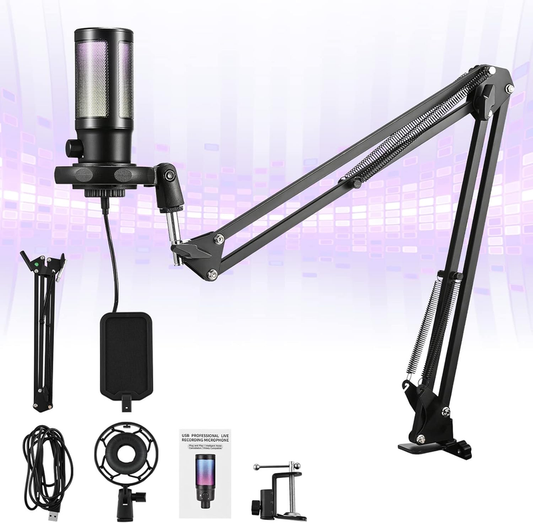 USB Gaming Microphone PC Cardioid Condenser Mic Kit RGB Boom Arm Mute Streaming