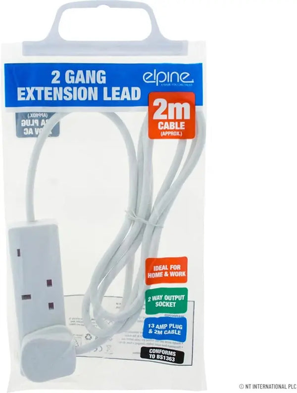 Extension Lead 2 Way 13A Fused UK Plug 2m Power Strip Cable White Adapter Unbranded