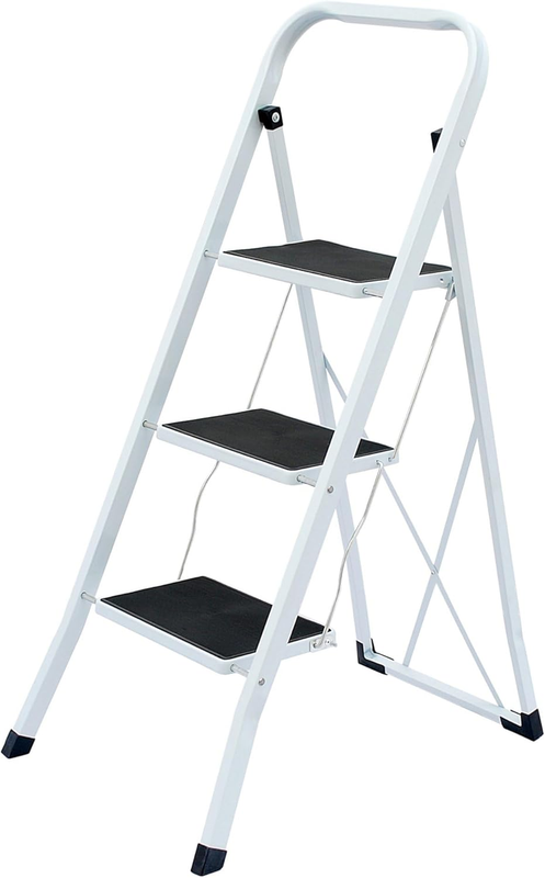 Foldable 3 Step Ladder Safety Steel Non Slip Tread Lightweight Folding Stool