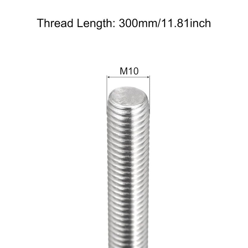 Stainless Steel Fully Threaded Rod M10 x 300mm 1.5mm Pitch Right Hand 2PCS