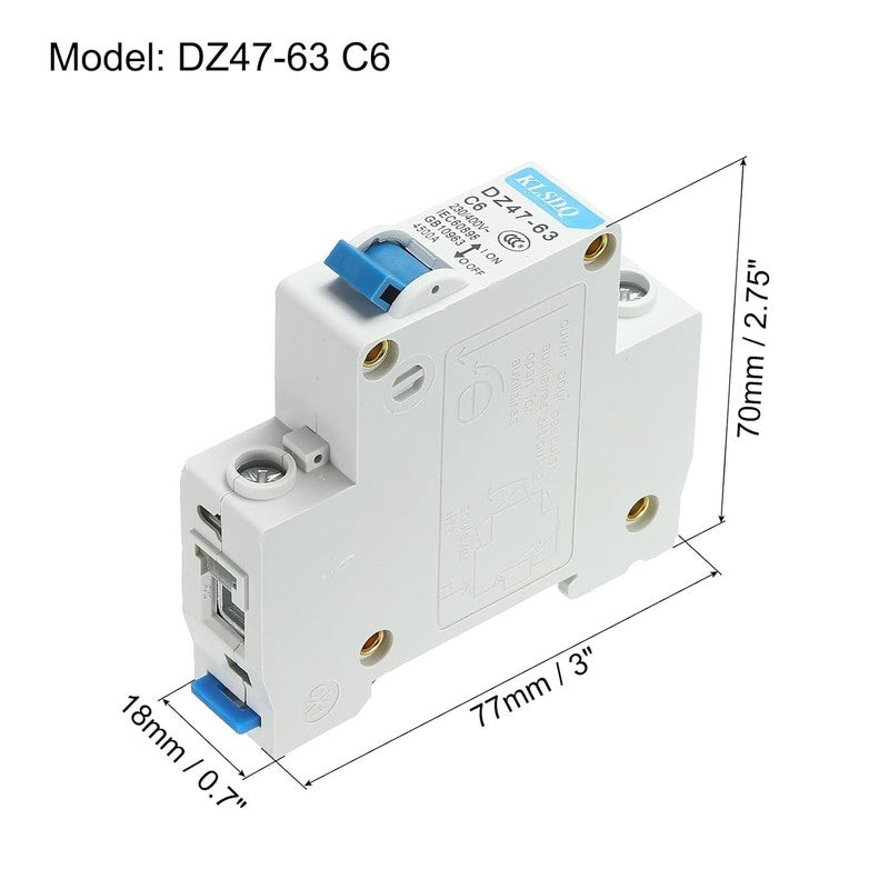 Miniature Circuit Breaker 6A 230/400V 1 Pole DZ47-63 C6 Low Voltage DIN Rail