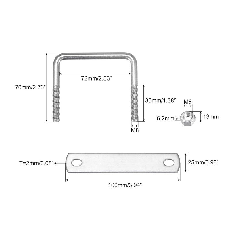Square U-Bolts M8 304 Stainless Steel 72mm Width 70mm Length Nuts Plates 2pc