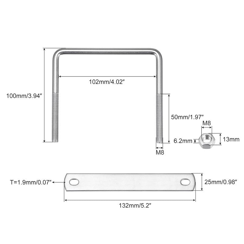 Square U-Bolts M8 304 Stainless Steel 102mm Width 100mm Length Nuts Plates 2Pc