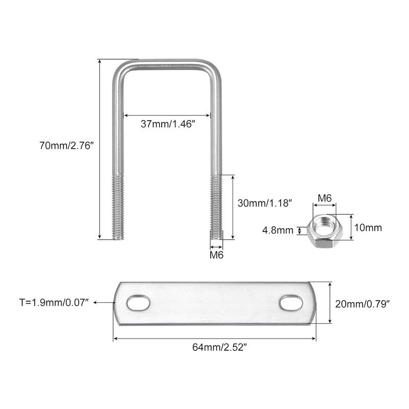 Square U-Bolts M6 304 Stainless Steel 37mm Width 70mm Length Nuts Plates 5PC