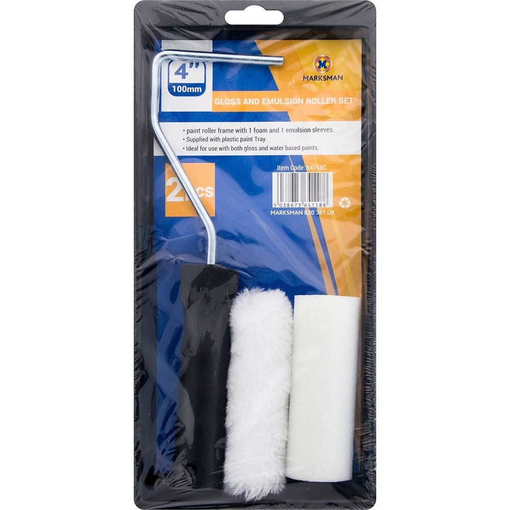 Paint Roller Kit 4PC 4'' Mini Set Foam and Emulsion Sleeves Tray DIY Home Tool