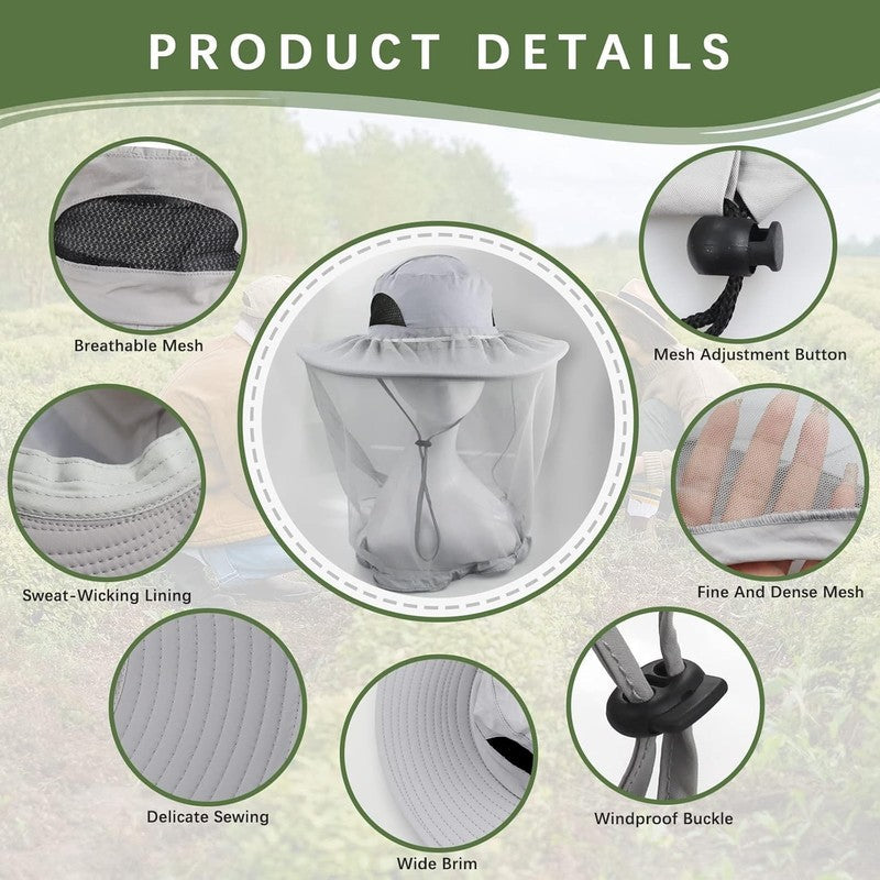 Mosquito Bee Head Net Hat Grey Nylon Midge Face Mesh for Hiking Camping Fishing Unbranded