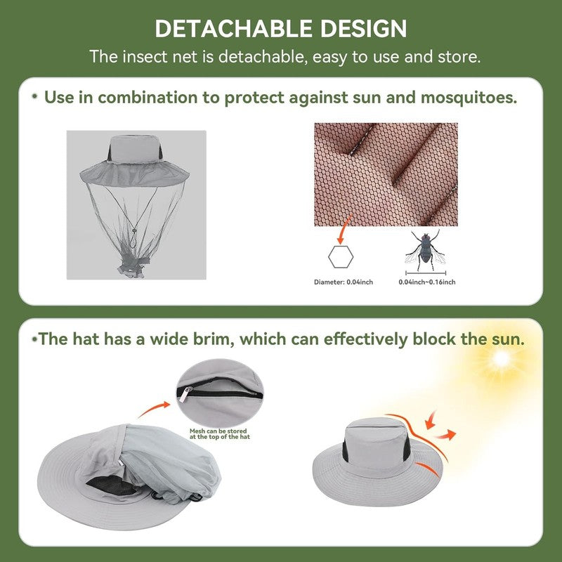 Mosquito Bee Head Net Hat Grey Nylon Midge Face Mesh for Hiking Camping Fishing Unbranded