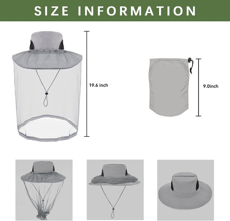 Mosquito Bee Head Net Hat Grey Nylon Midge Face Mesh for Hiking Camping Fishing Unbranded