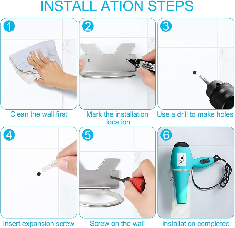 Hair Dryer Holder Wall Mount Stainless Steel for Bathroom Bedroom Barber Does not apply