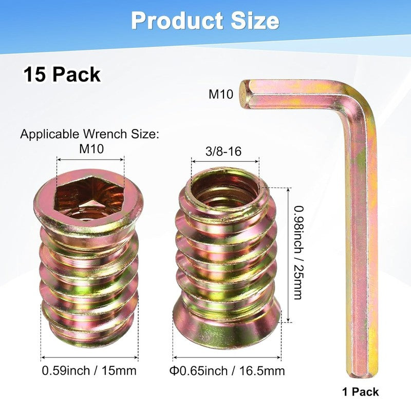 Threaded Inserts for Wood 3/8-16 x 25mm Hex Drive Nuts 15 Pack with Wrench