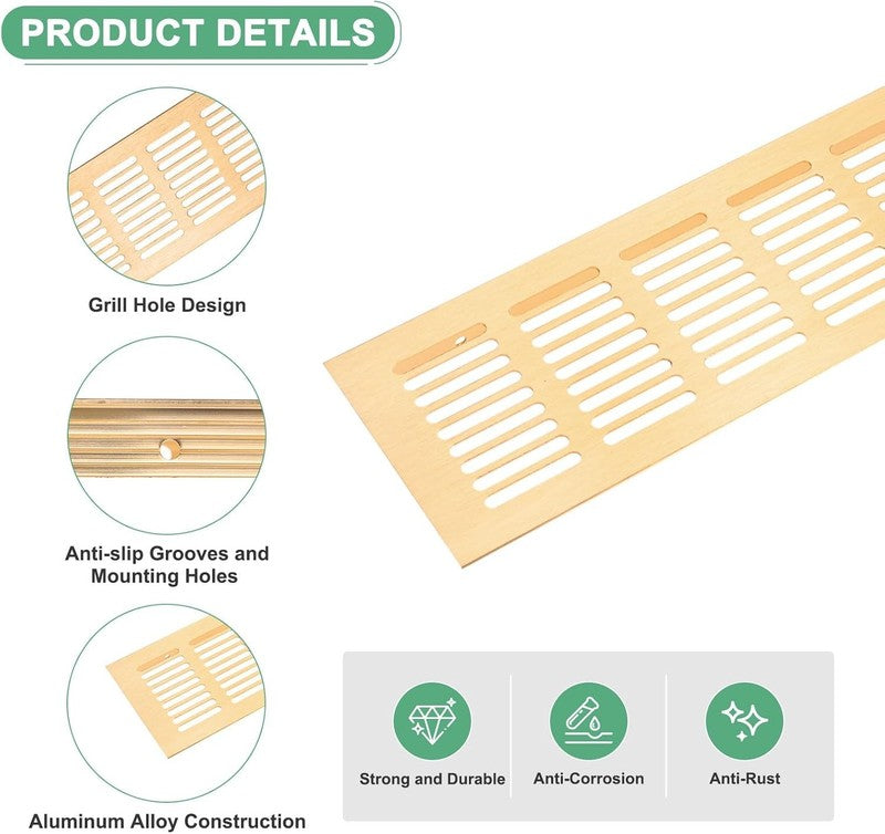 Door Vents 10x3 Inch Aluminum Air Vent Grille Cabinet Wardrobe Gold 2 Pack