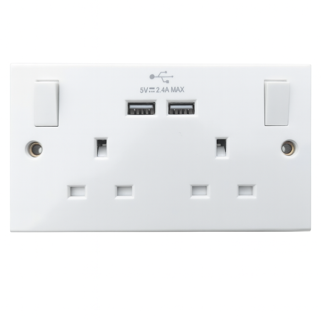 Double USB Wall Socket 13A Switched Plug Outlet 2 Gang Mains Power White