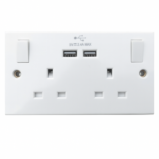 Double USB Wall Socket 13A Switched Plug Outlet 2 Gang Mains Power White