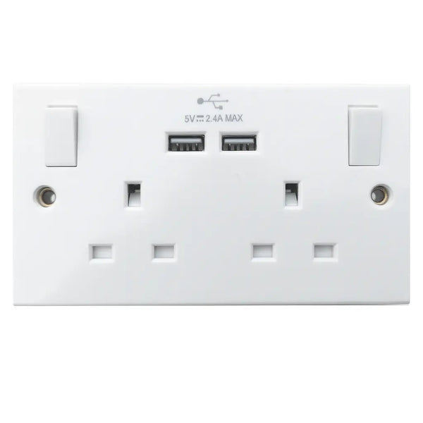 Double USB Wall Socket 13A Switched Plug Outlet 2 Gang Mains Power White Unbranded