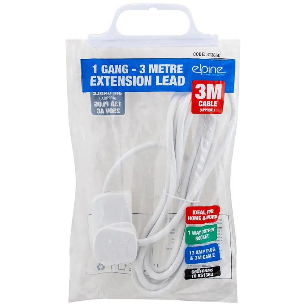 1 Gang Extension Socket Lead Cable Electric 13a Mains Power Adaptor 3m Elpine