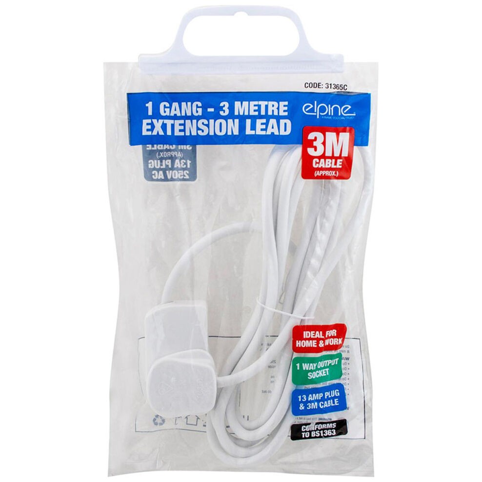 1 Gang Extension Socket Lead Cable Electric 13a Mains Power Adaptor 3m